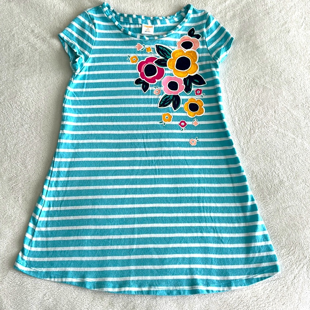Gymboree girls size 5-6 blue stripe floral t-shirt dress, spring excellent used